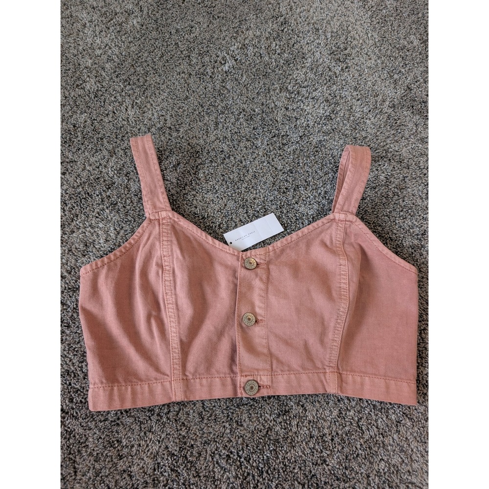 American Eagle Pink Denim Cropped Cami Button Front Tie Strap Top Size 10‎
